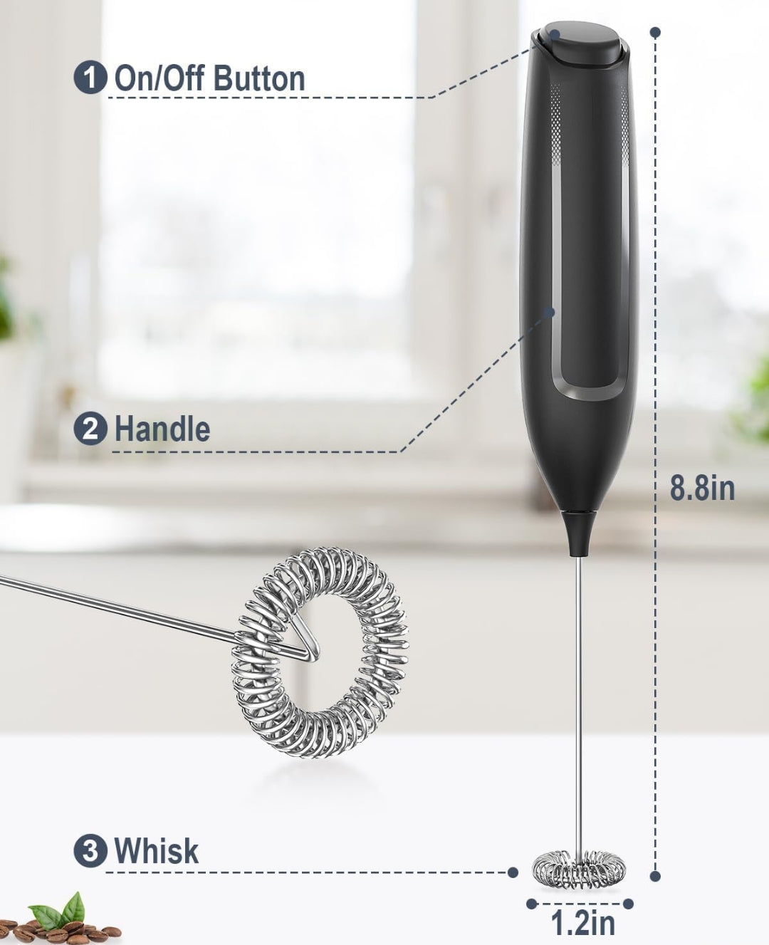Electric Milk Frother, Battery Powered Drink Mixer with High-Power Motor for Coffee, Latte, Cappuccino, Hot Chocolate, Black