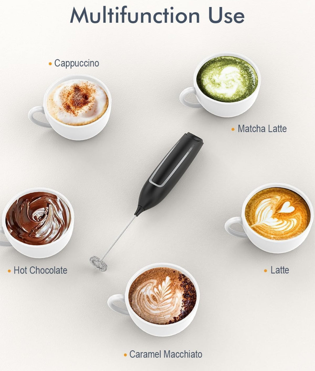 Electric Milk Frother, Battery Powered Drink Mixer with High-Power Motor for Coffee, Latte, Cappuccino, Hot Chocolate, Black