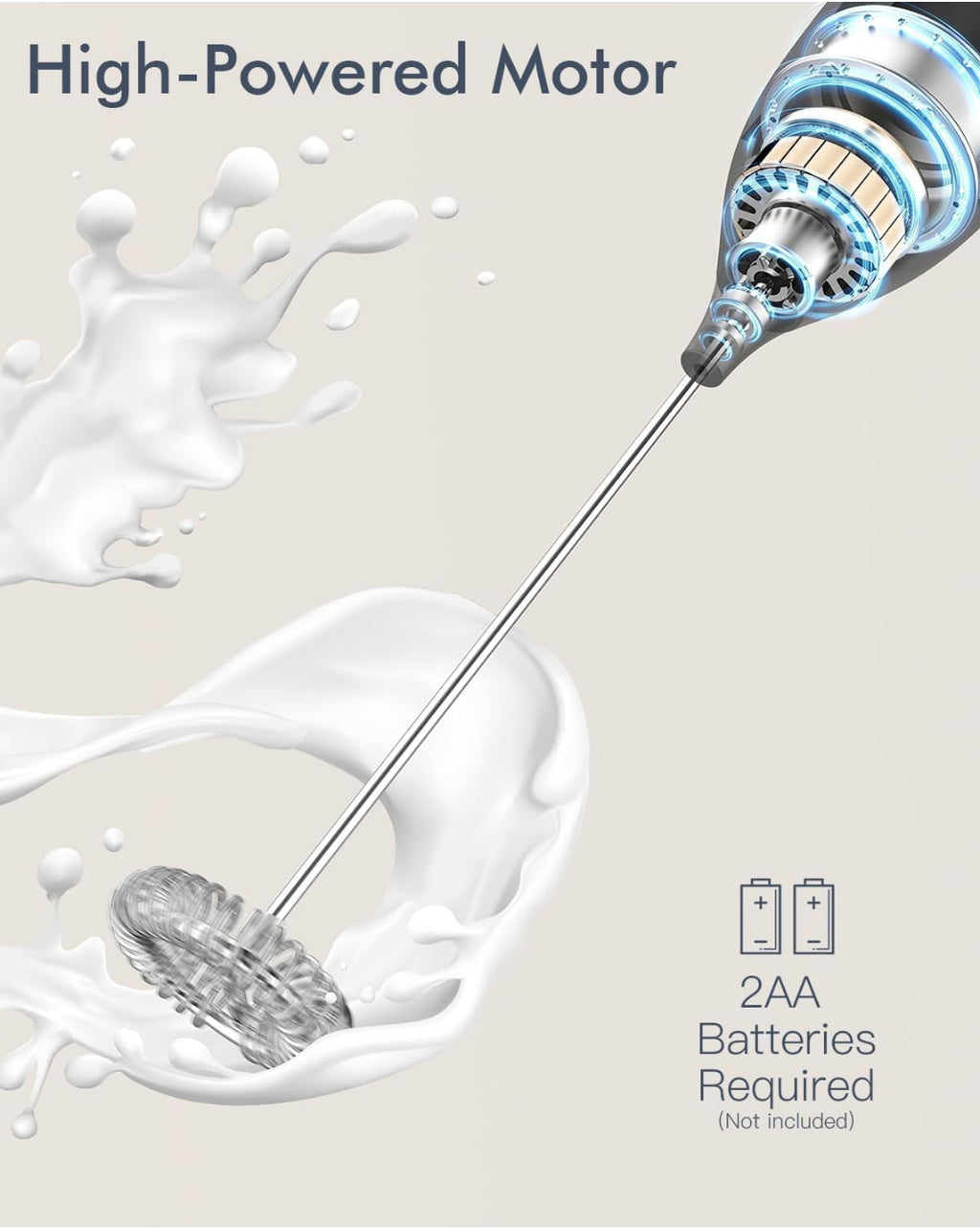 Electric Milk Frother, Battery Powered Drink Mixer with High-Power Motor for Coffee, Latte, Cappuccino, Hot Chocolate, Black