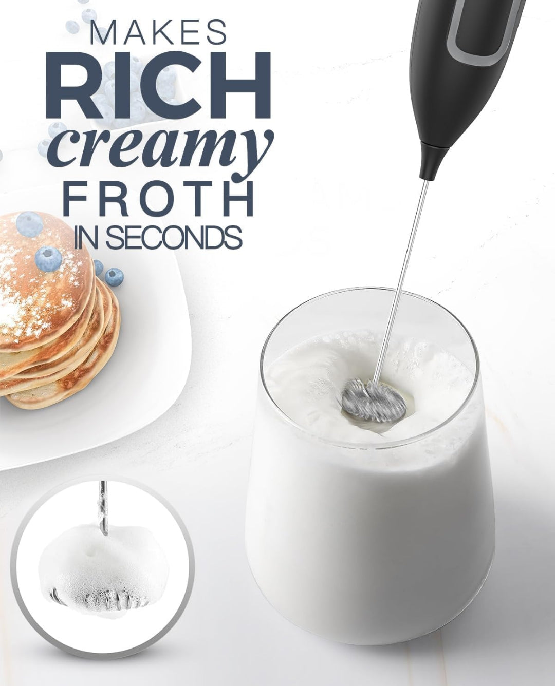 Electric Milk Frother, Battery Powered Drink Mixer with High-Power Motor for Coffee, Latte, Cappuccino, Hot Chocolate, Black